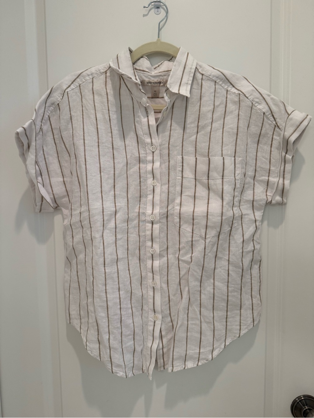 Women’s White Linen Short Sleeve Button-Up Shirt with Brown Stripes